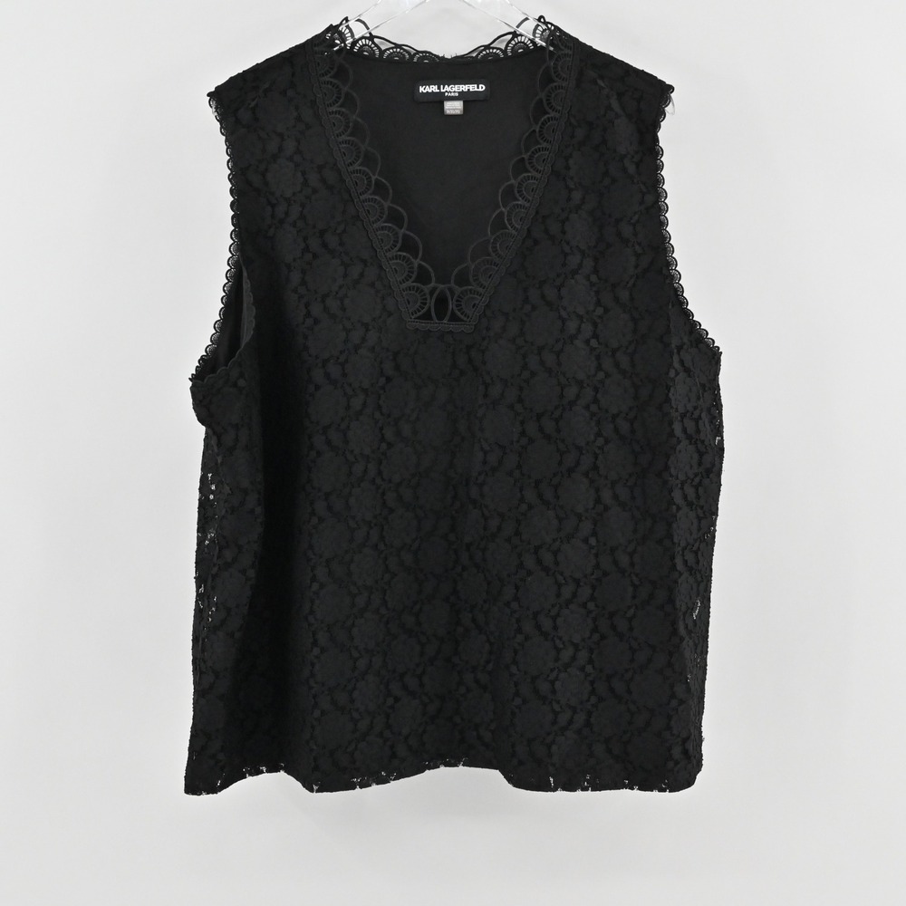 Karl Lagerfeld Womens Black Lace Top Size 3X Whimsigoth Dark Romantic Sleeveless